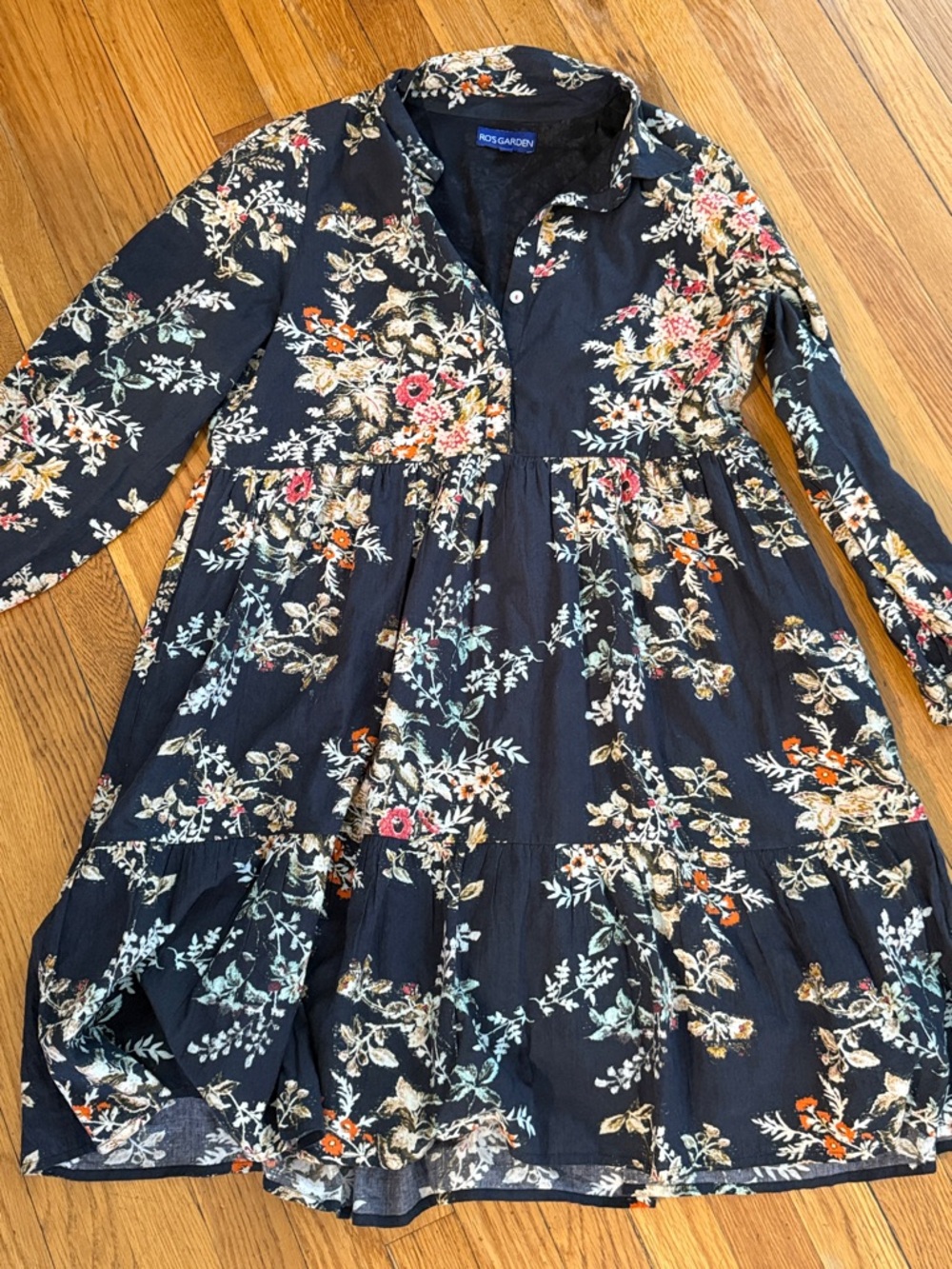 Ro's garden Germaine 100% cotton black floral shirt dress size Medium